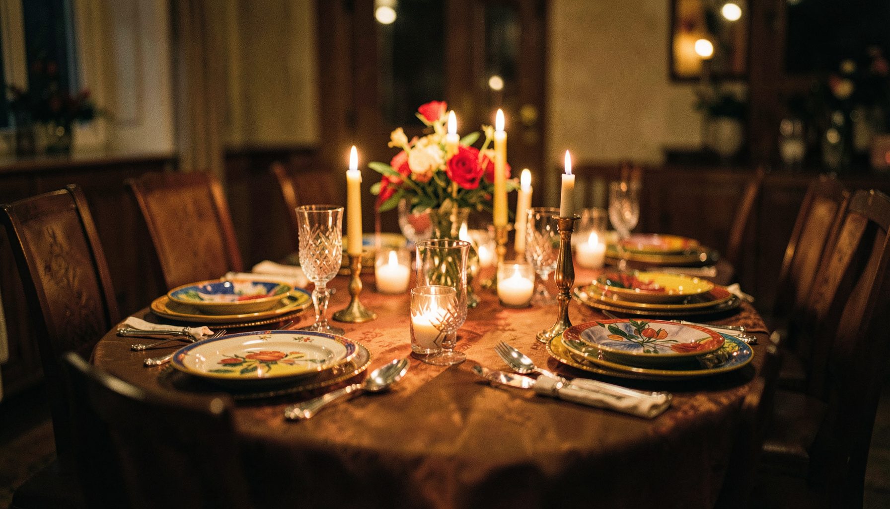 Mesa de comedor con platos coloridos y luz de velas, ambiente acogedor en tonos dorados y marrones