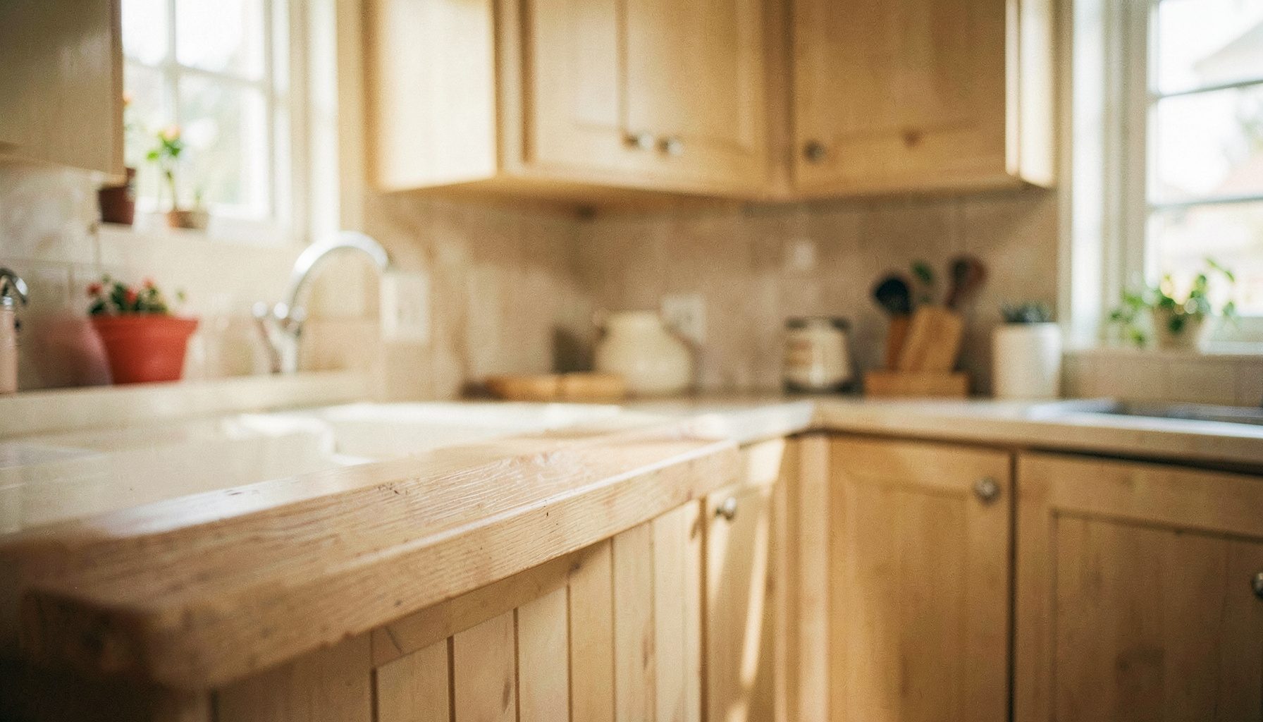 Superficie de cocina cálida con textura de madera clara y luz natural suave, tonos crema y beige